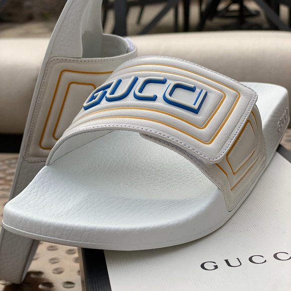 Gucci Logo Leather Slide in White NEW IN BOX - Picture 3 of 3